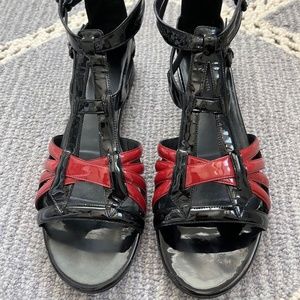 Bottega Veneta black & burgundy patent leather gladiator style sandals, 39